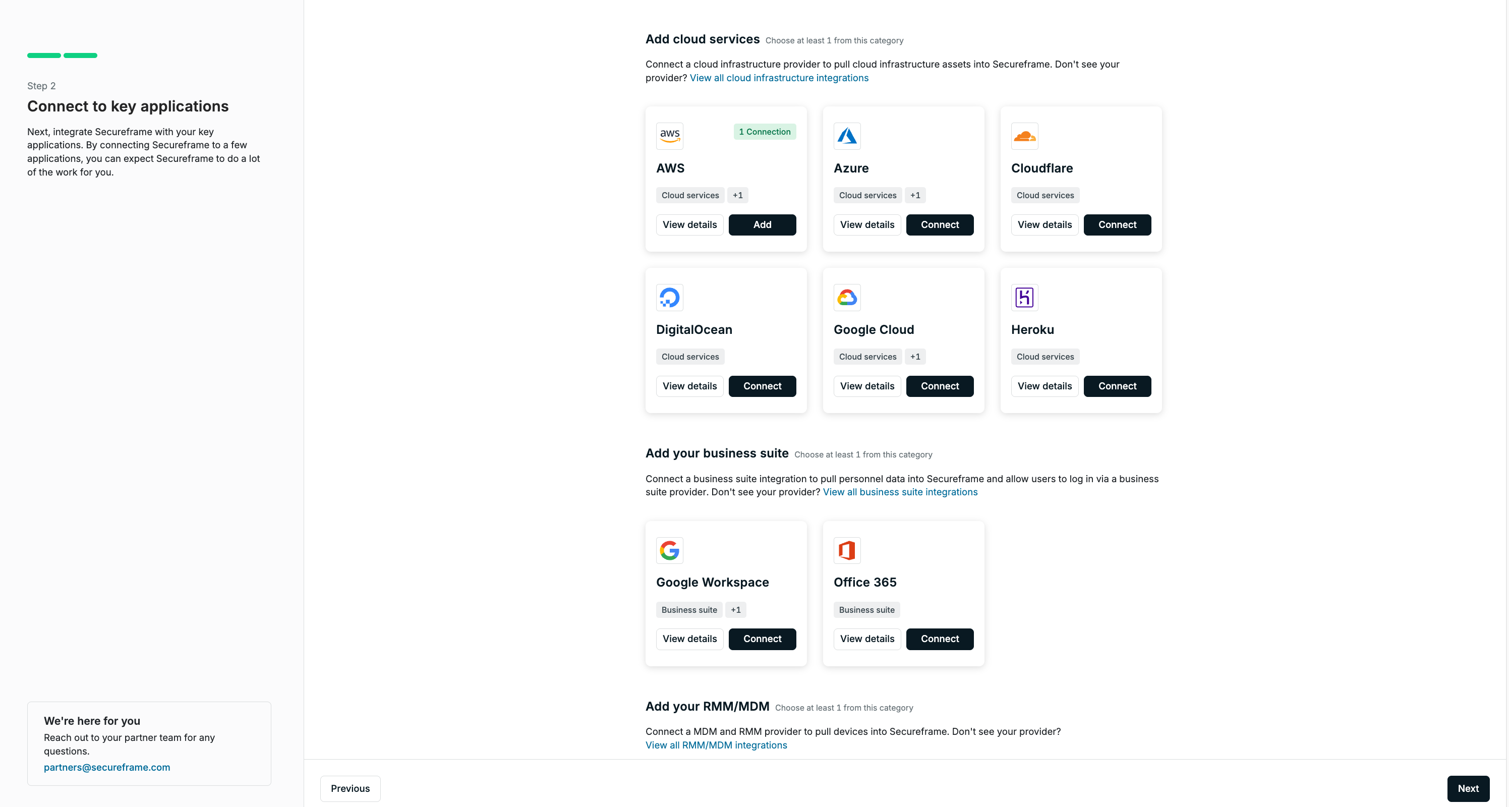 Integration connection screen